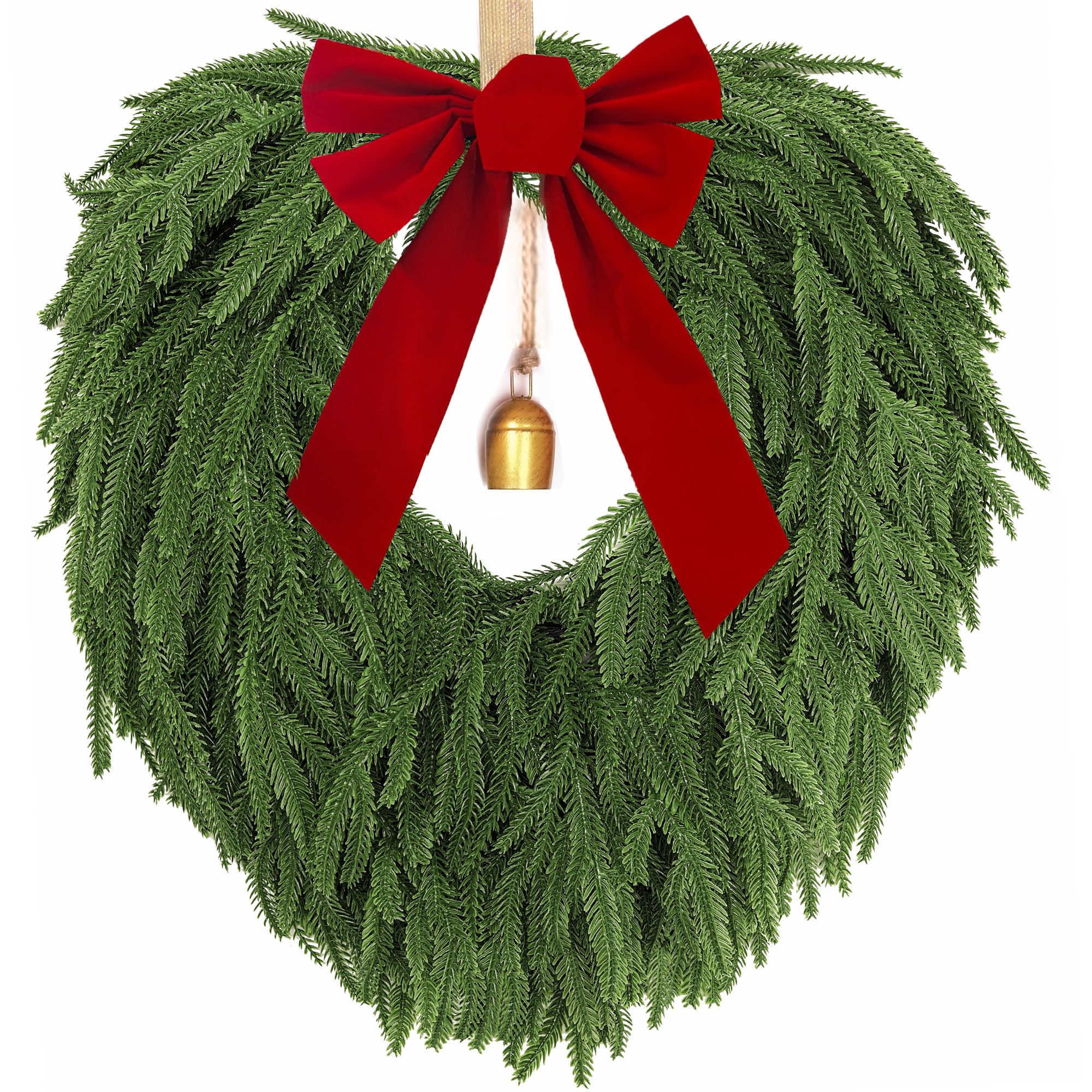 24" Norfolk Pine Wreath, Artificial Christmas Wreaths, Real Touch Green Winter Garland for Front Door Wall Indoor Outdoor Christmas Holiday Decor, with Bow & Bell, FF12