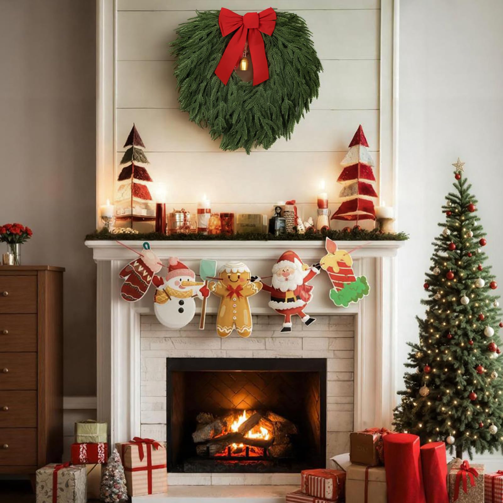 24" Norfolk Pine Wreath, Artificial Christmas Wreaths, Real Touch Green Winter Garland for Front Door Wall Indoor Outdoor Christmas Holiday Decor, with Bow & Bell, FF12