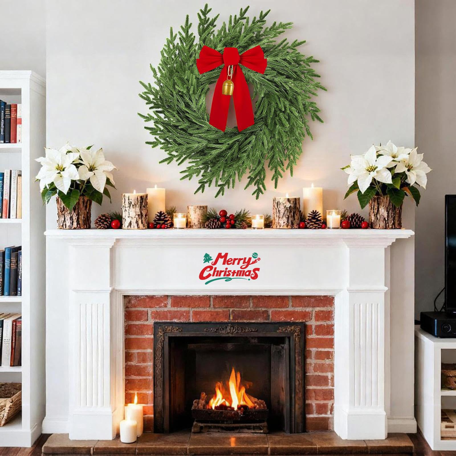 26" Christmas Wreath for Front Door, Artificial Wreath with Bow and Bell,Real Touch Pine Winter Wreath Christmas Decoration for Porch,Window,Wall,Thanksgiving Day Harvest Festival