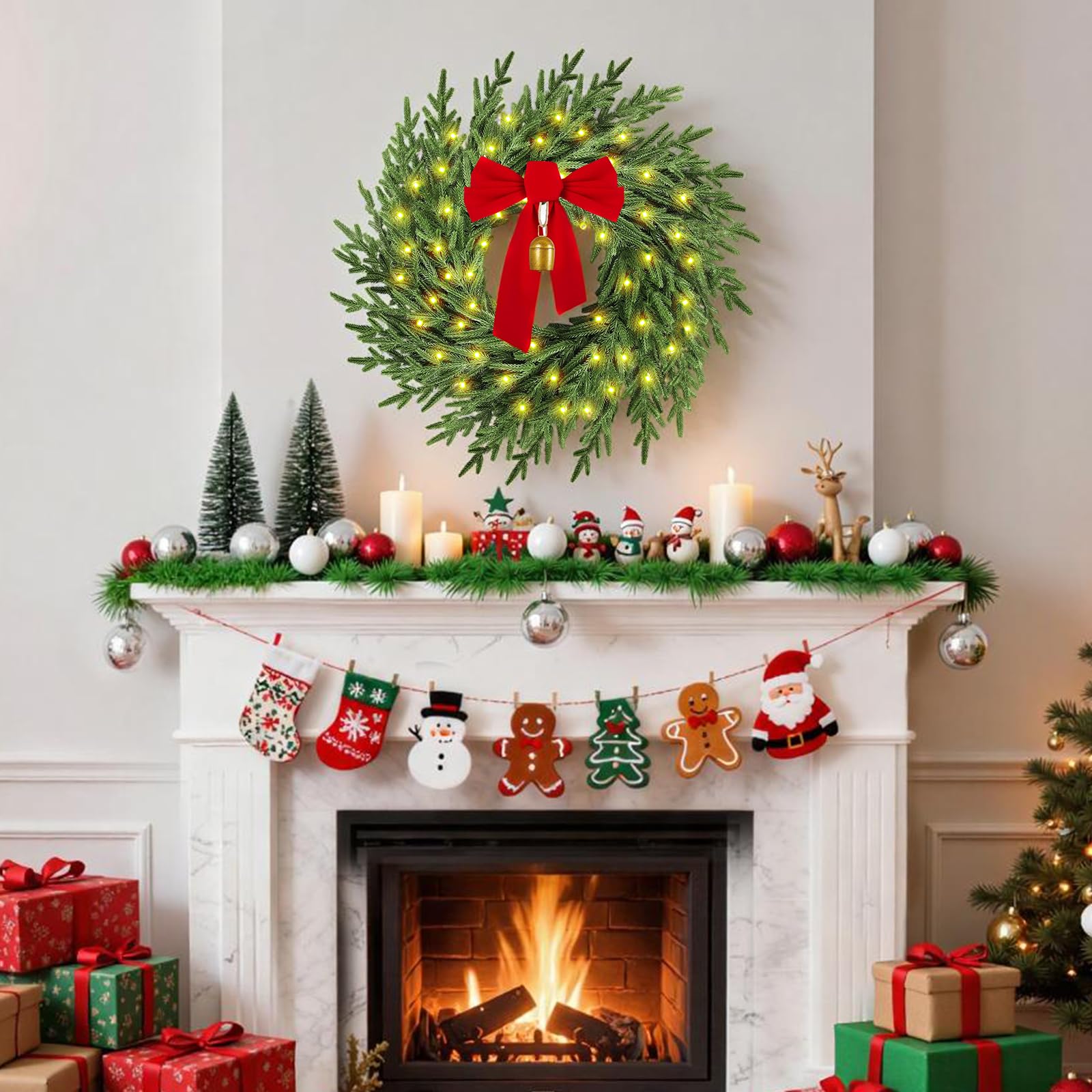 Christmas Wreath with Lights,26" Real Touch Pine Wreath with Bow and Bell, Artificial Christmas Wreaths for Front Door,Outdoor Winter Wreath for Indoor,Wall,Window Festival Decor