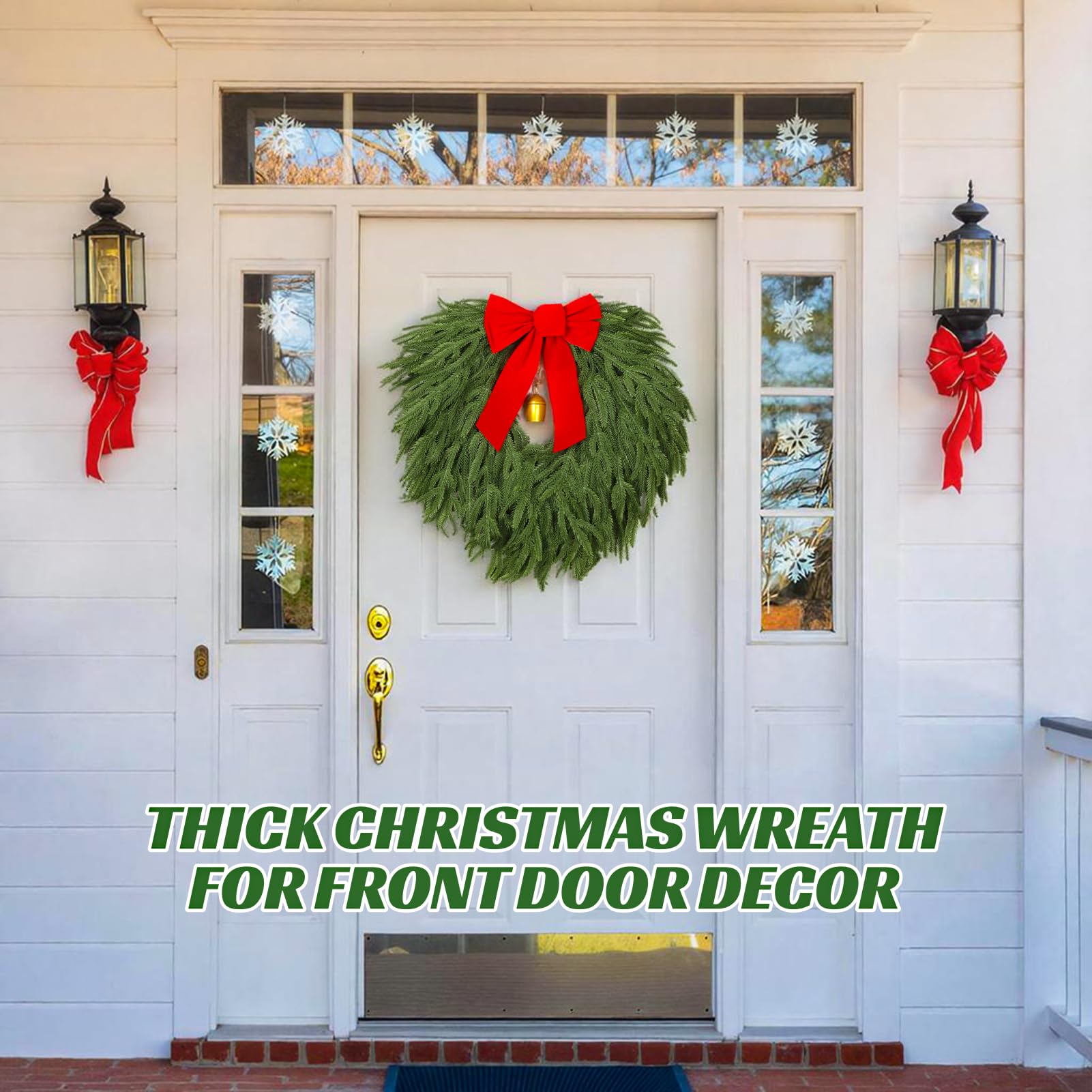 24" Norfolk Pine Wreath, Artificial Christmas Wreaths, Real Touch Green Winter Garland for Front Door Wall Indoor Outdoor Christmas Holiday Decor, with Bow & Bell, FF12
