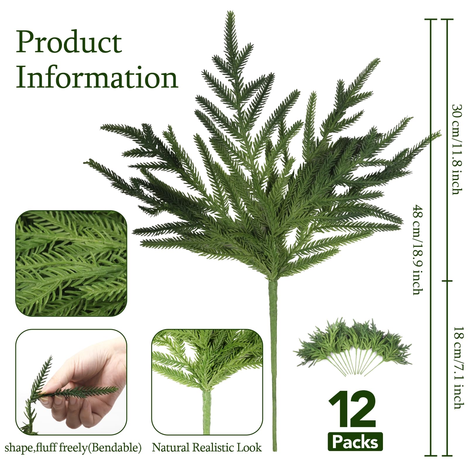 12 Pcs Norfolk Pine Branches, 18" Artificial Norfolk Pine Stems, Realistic Droopy Soft Bendable Pine Stems, Faux Greenery Stem for Vases Cedar Wreath Garland Christmas Home Decor, FF08