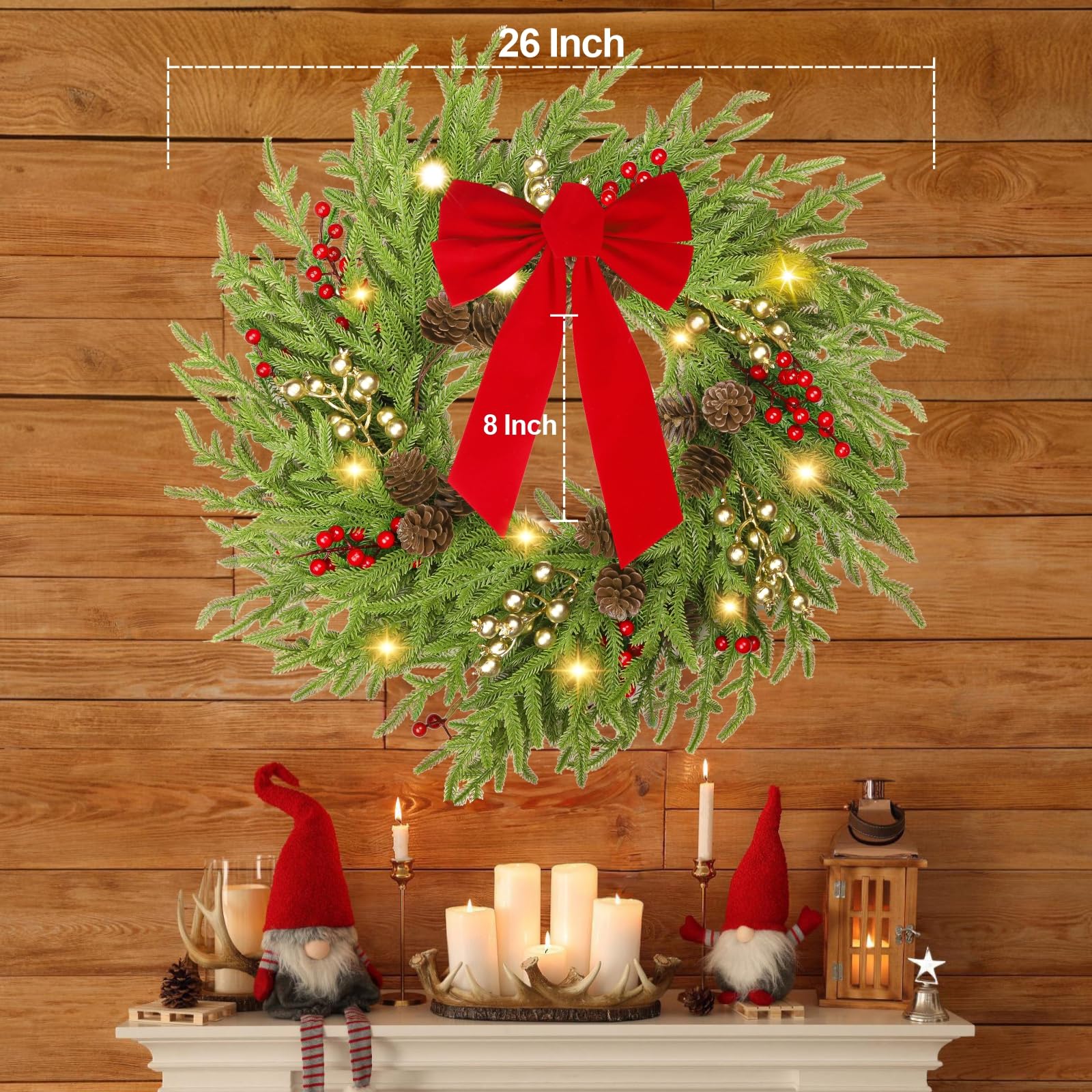 Christmas Wreath with Lights, 26 in Pre-Lit Norfolk Pine Wreath for Front Door, Real Touch Artificial Green Winter Wreath with Pine Cones, Red Berries, for Indoor Outdoor Holiday Decor, FF10