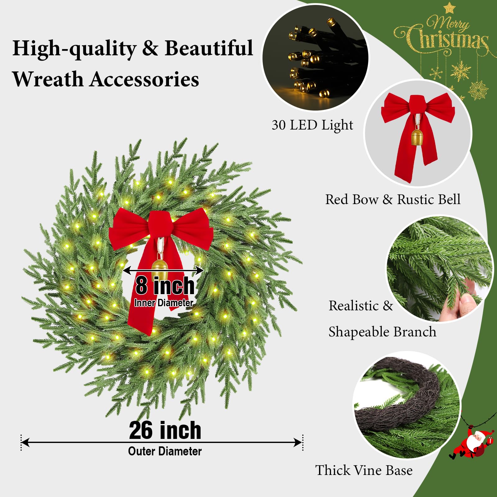 Christmas Wreath with Lights,26" Real Touch Pine Wreath with Bow and Bell, Artificial Christmas Wreaths for Front Door,Outdoor Winter Wreath for Indoor,Wall,Window Festival Decor