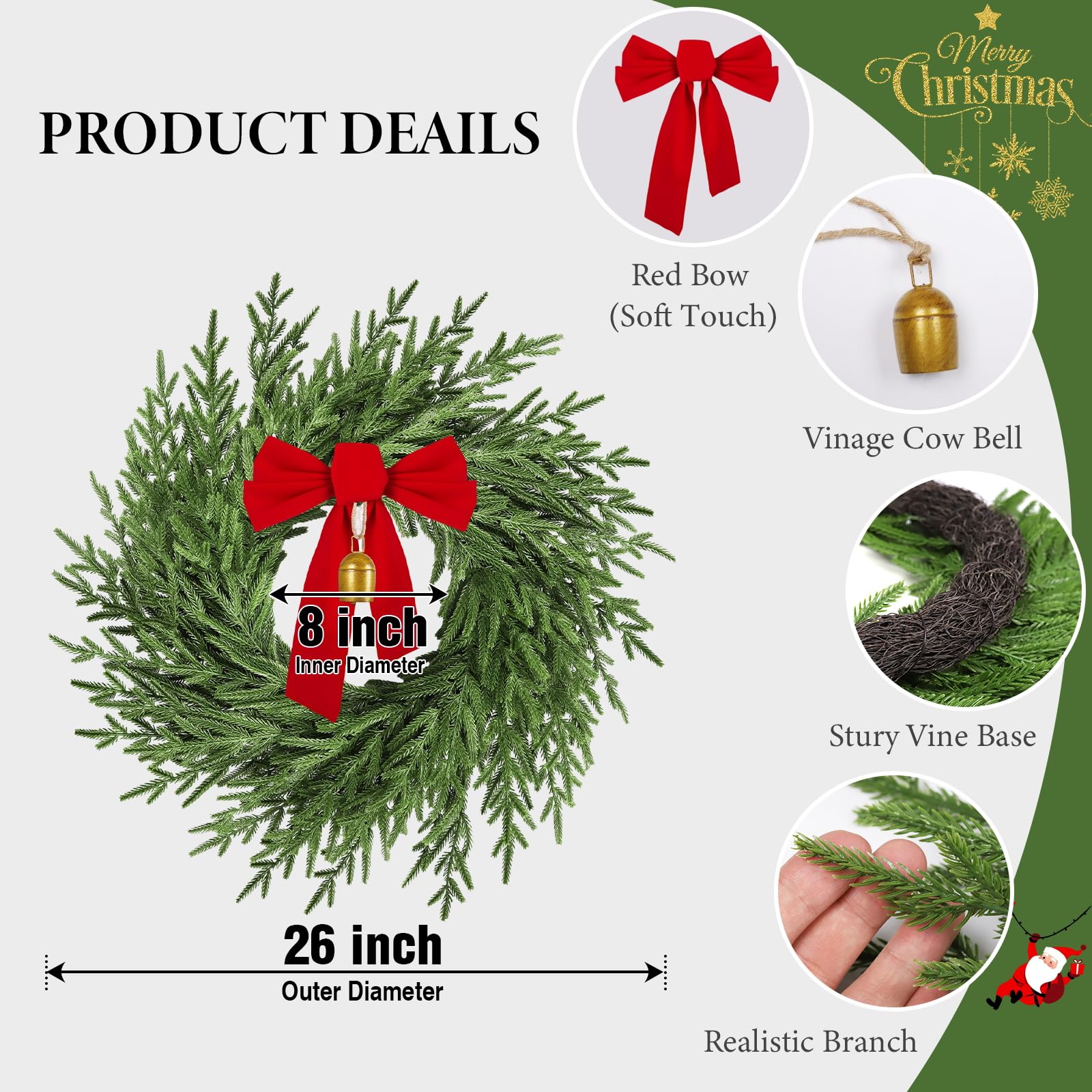 26" Christmas Wreath for Front Door, Artificial Wreath with Bow and Bell,Real Touch Pine Winter Wreath Christmas Decoration for Porch,Window,Wall,Thanksgiving Day Harvest Festival