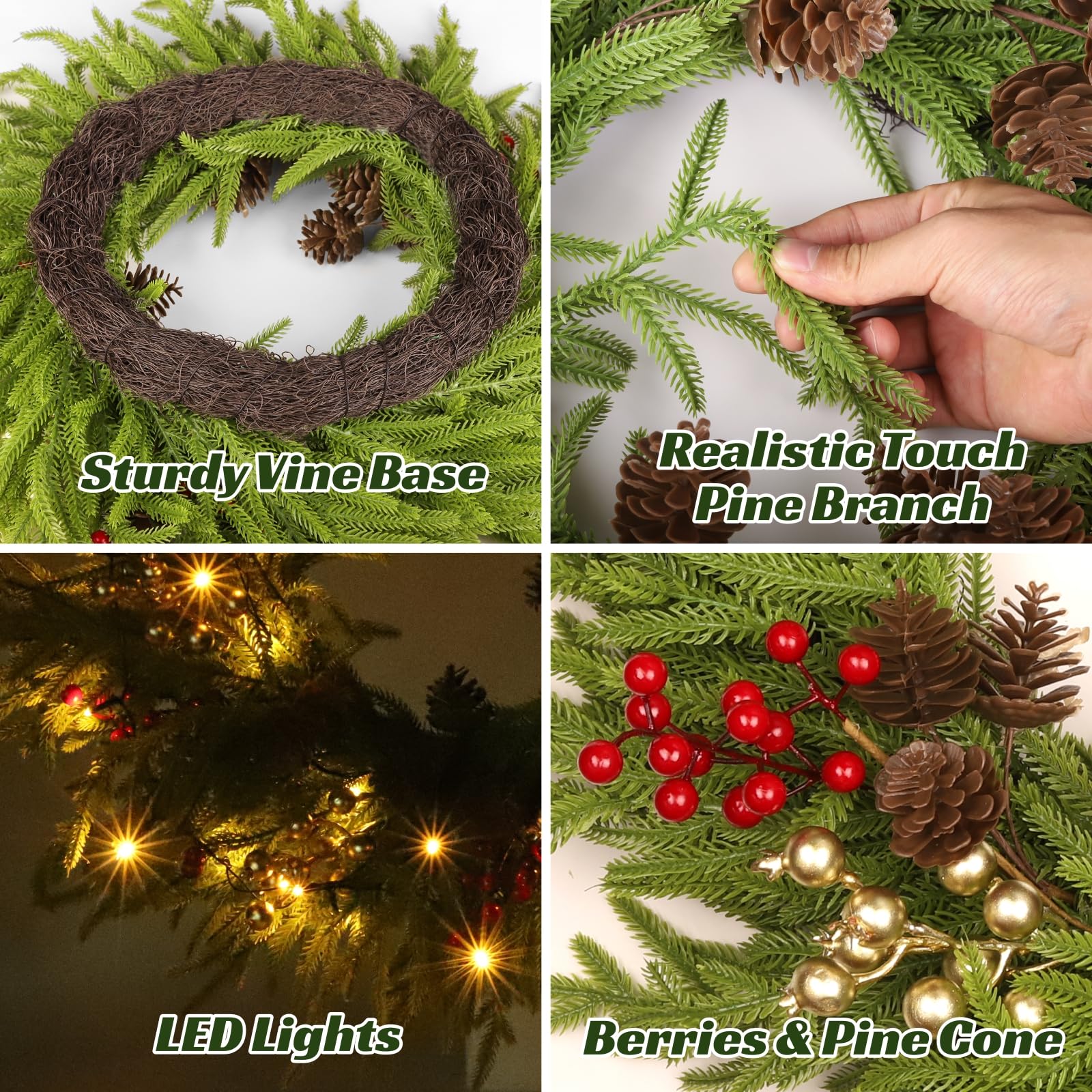 Christmas Wreath with Lights, 26 in Pre-Lit Norfolk Pine Wreath for Front Door, Real Touch Artificial Green Winter Wreath with Pine Cones, Red Berries, for Indoor Outdoor Holiday Decor, FF10