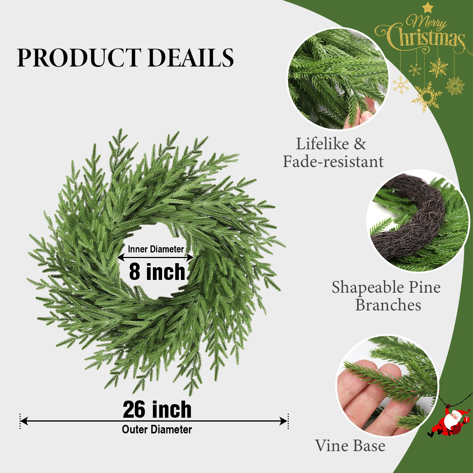 26" Christmas Wreath for Front Door,Real Touch Artificial Norfork Pine Wreath for Outoor Inooor Porch,Window,Wall,Xmas,Thanksgiving Day Home Decor