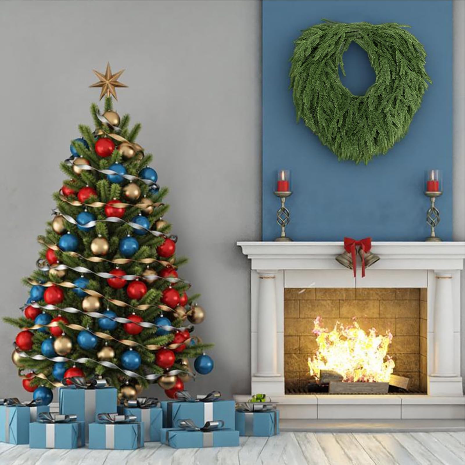 24" Norfolk Pine Wreath, Artificial Christmas Wreaths, Real Touch Green Winter Garland for Front Door Wall Window Indoor Outdoor Christmas Home Holiday Decor, FF13