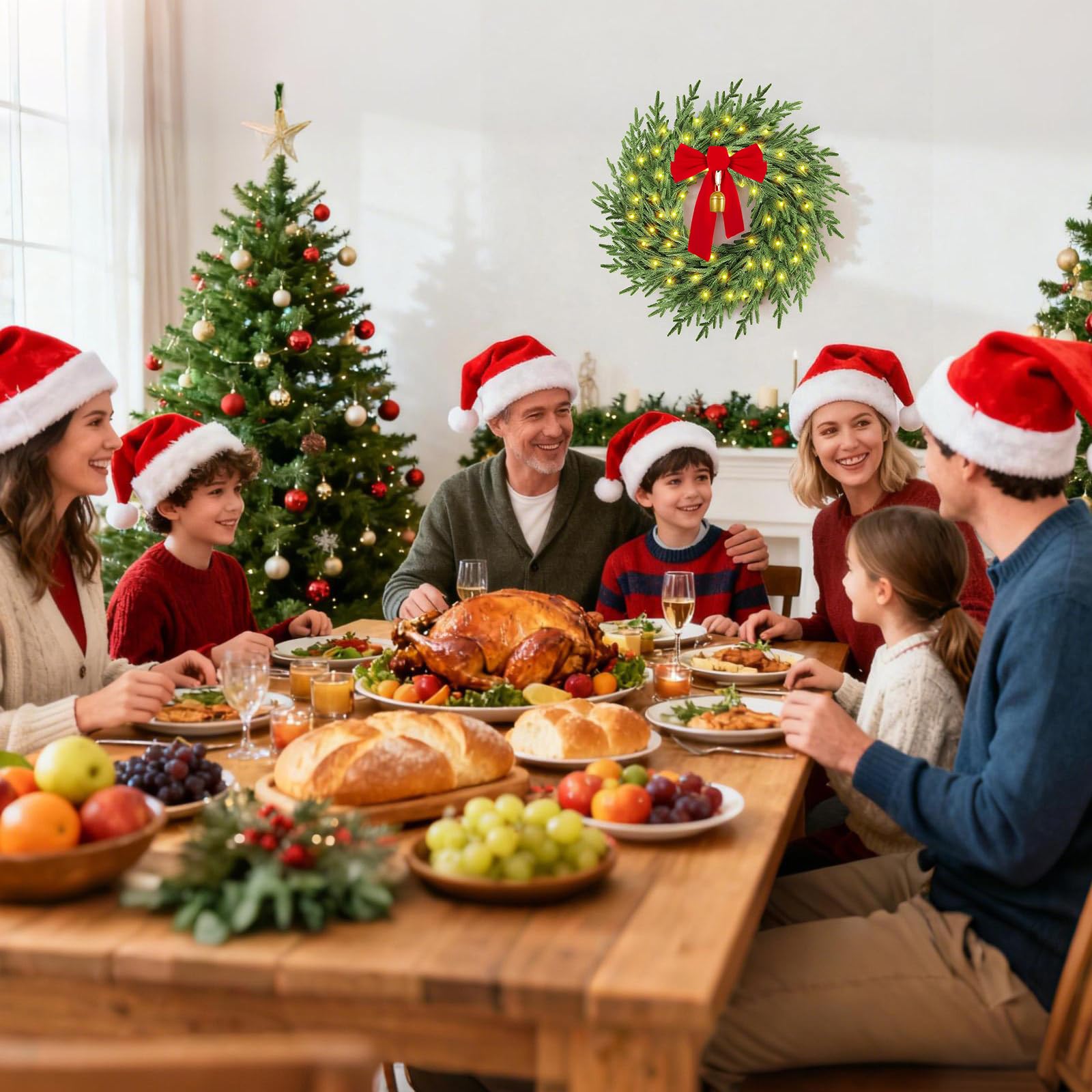 Christmas Wreath with Lights,26" Real Touch Pine Wreath with Bow and Bell, Artificial Christmas Wreaths for Front Door,Outdoor Winter Wreath for Indoor,Wall,Window Festival Decor