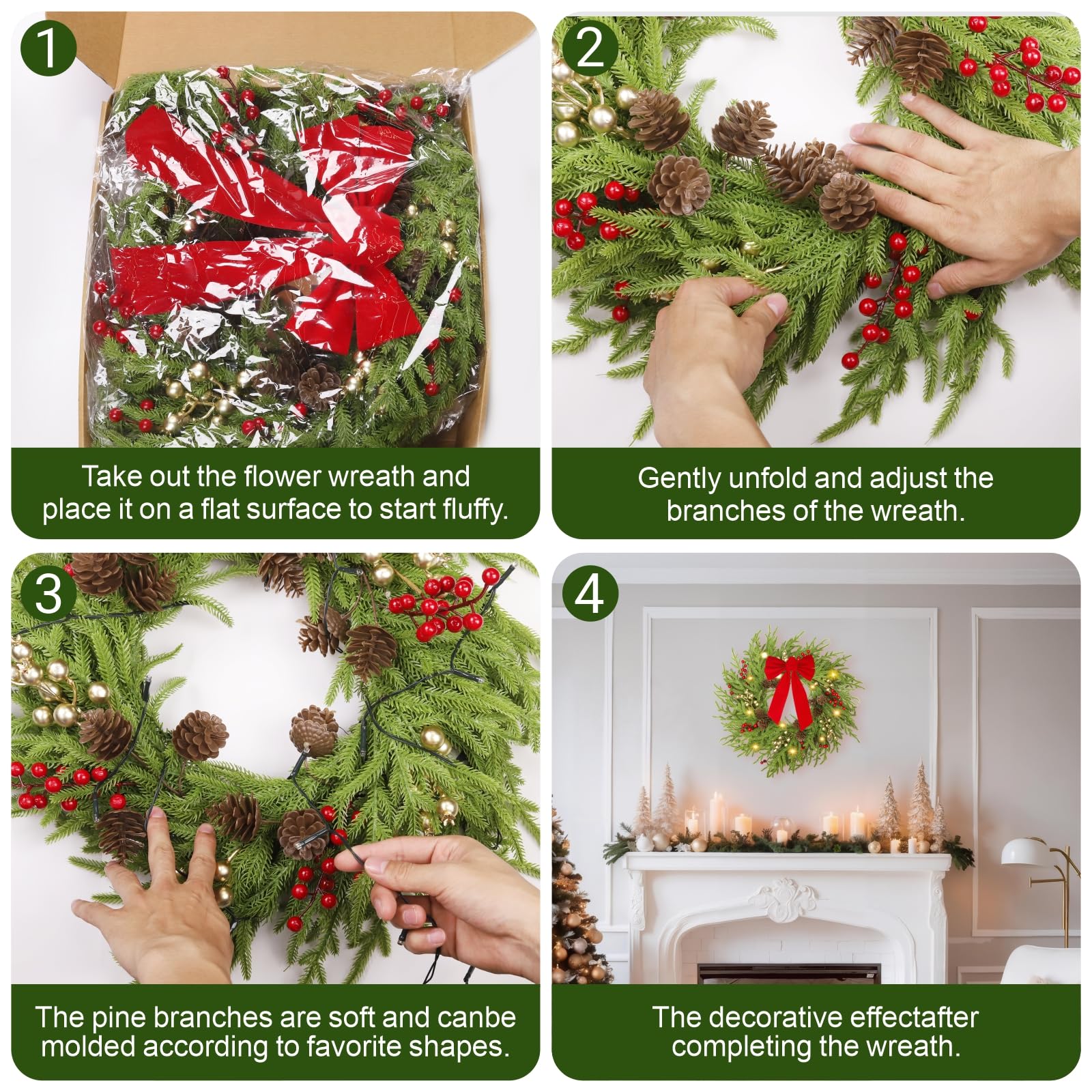 Christmas Wreath with Lights, 26 in Pre-Lit Norfolk Pine Wreath for Front Door, Real Touch Artificial Green Winter Wreath with Pine Cones, Red Berries, for Indoor Outdoor Holiday Decor, FF10