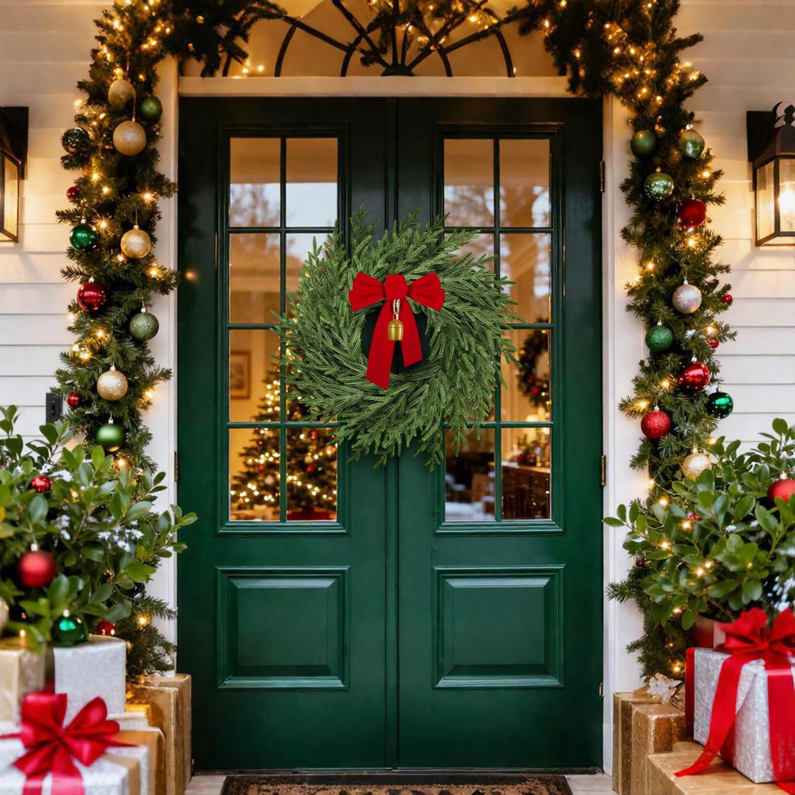 26" Christmas Wreath for Front Door, Artificial Wreath with Bow and Bell,Real Touch Pine Winter Wreath Christmas Decoration for Porch,Window,Wall,Thanksgiving Day Harvest Festival
