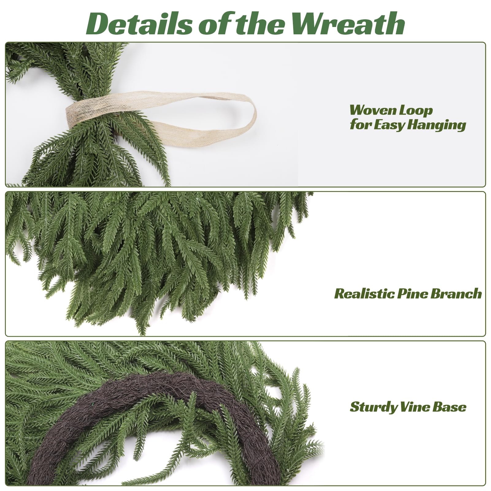 24" Norfolk Pine Wreath, Artificial Christmas Wreaths, Real Touch Green Winter Garland for Front Door Wall Window Indoor Outdoor Christmas Home Holiday Decor, FF13