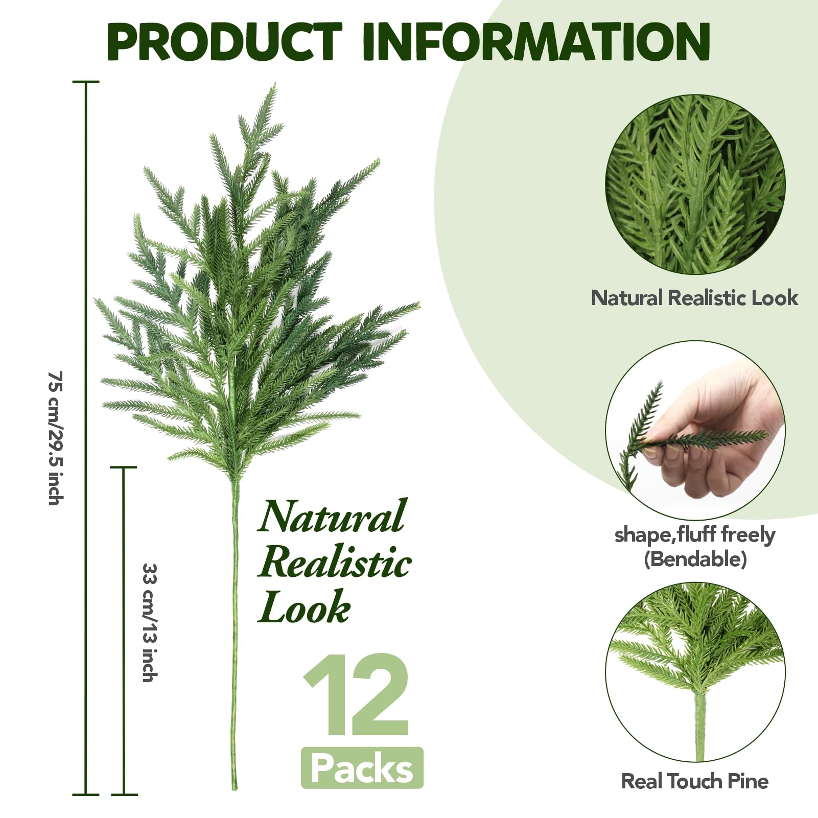 12 Pcs Norfolk Pine Branches, 30" Artificial Norfolk Pine Stems, Realistic Droopy Soft Bendable Pine Stems, Faux Greenery Stem for Vases Cedar Wreath Garland Christmas Home Decor, FF09