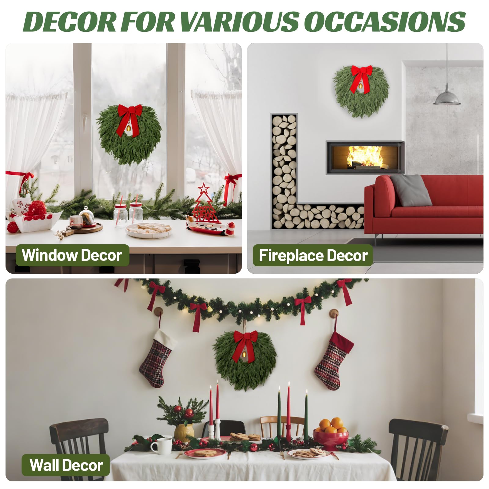 24" Norfolk Pine Wreath, Artificial Christmas Wreaths, Real Touch Green Winter Garland for Front Door Wall Indoor Outdoor Christmas Holiday Decor, with Bow & Bell, FF12