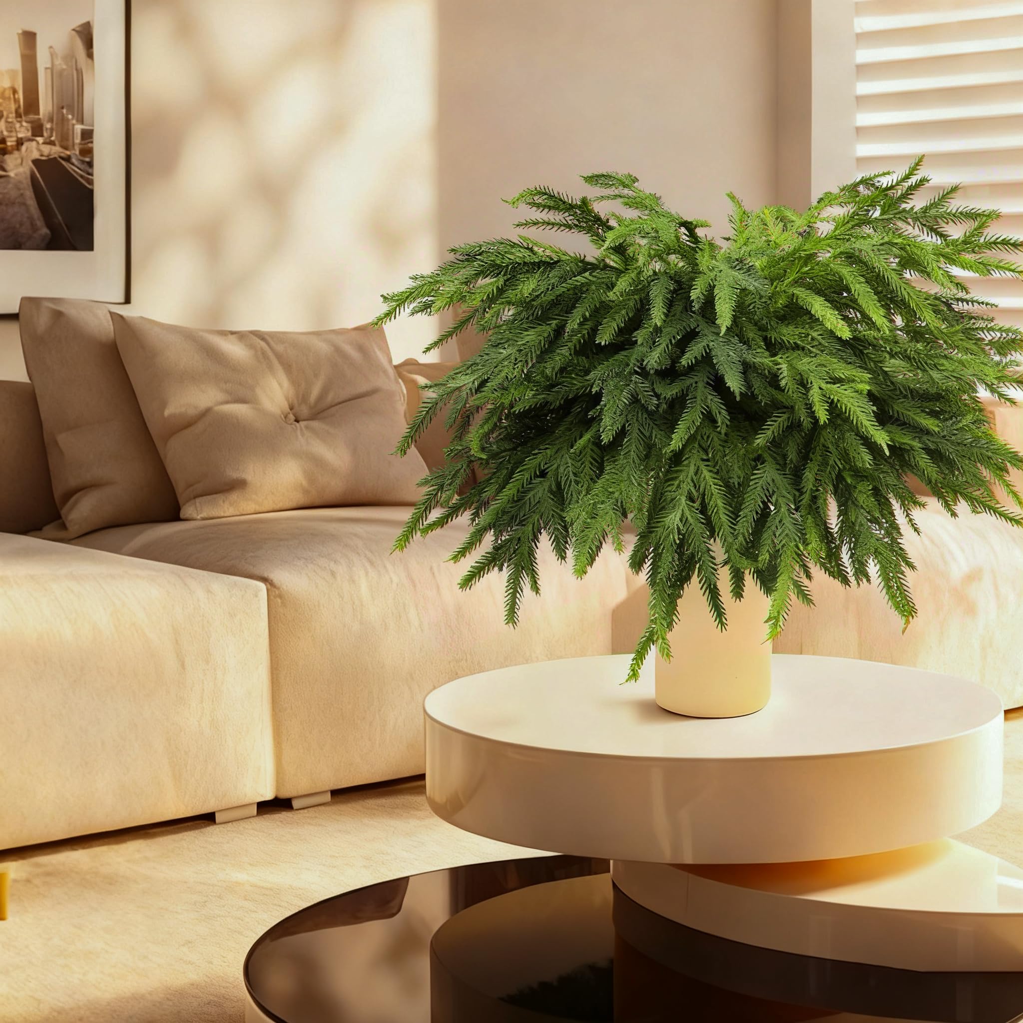 12 Pcs Norfolk Pine Branches, 18" Artificial Norfolk Pine Stems, Realistic Droopy Soft Bendable Pine Stems, Faux Greenery Stem for Vases Cedar Wreath Garland Christmas Home Decor, FF08