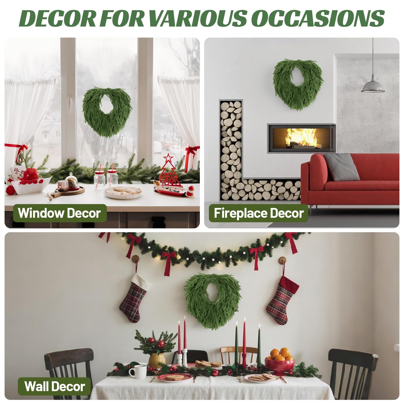 24" Norfolk Pine Wreath, Artificial Christmas Wreaths, Real Touch Green Winter Garland for Front Door Wall Window Indoor Outdoor Christmas Home Holiday Decor, FF13