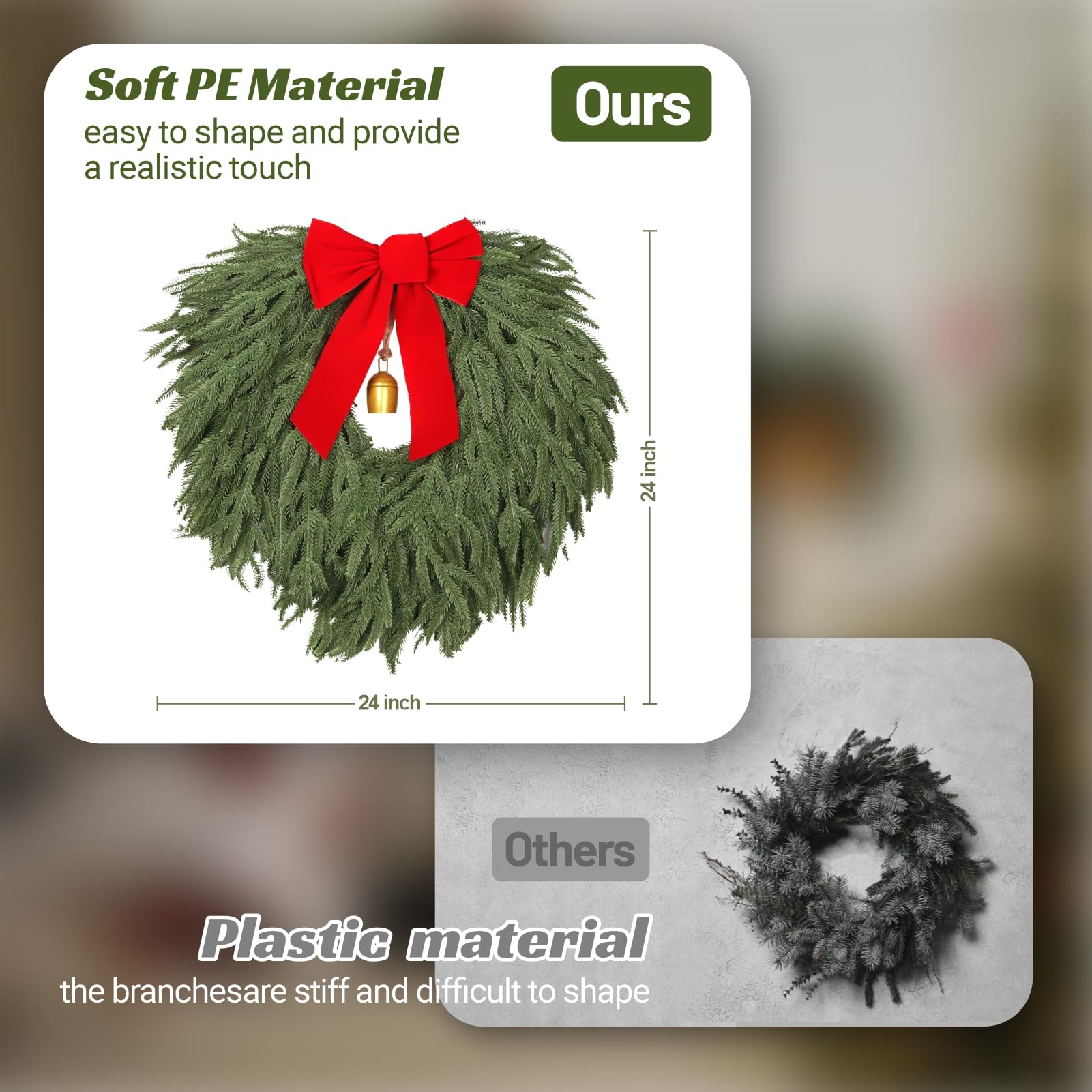 24" Norfolk Pine Wreath, Artificial Christmas Wreaths, Real Touch Green Winter Garland for Front Door Wall Indoor Outdoor Christmas Holiday Decor, with Bow & Bell, FF12