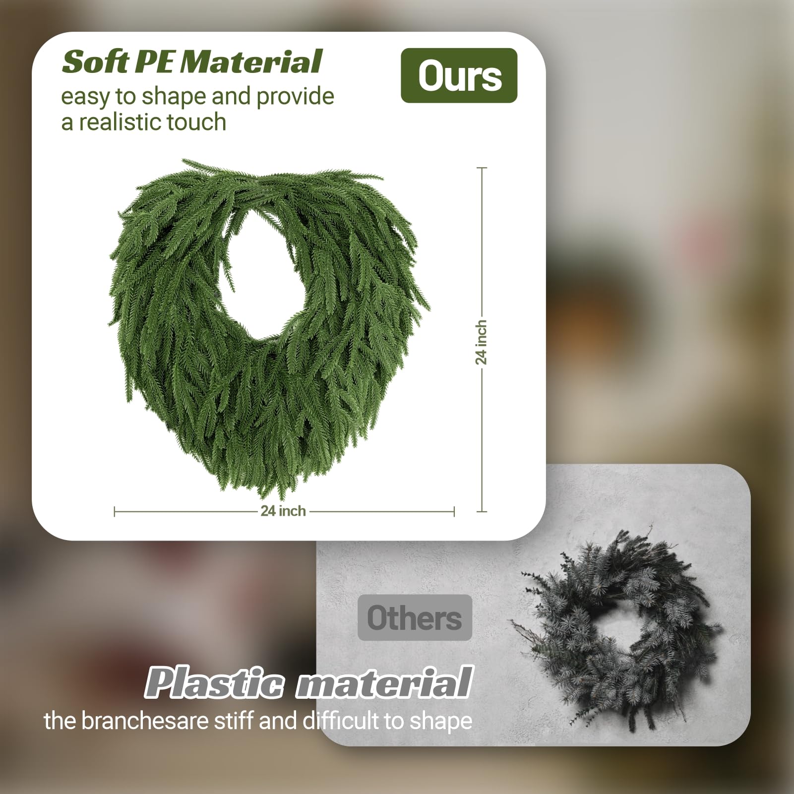 24" Norfolk Pine Wreath, Artificial Christmas Wreaths, Real Touch Green Winter Garland for Front Door Wall Window Indoor Outdoor Christmas Home Holiday Decor, FF13